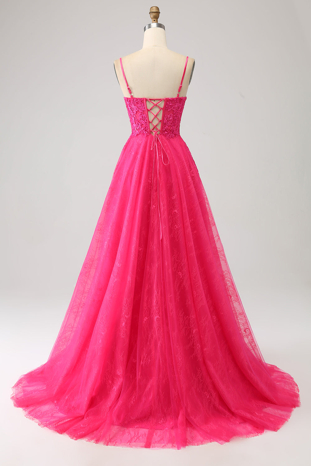 Fuchsia A-Line Spaghetti Straps Corset Lace Long Ball Dress with Slit