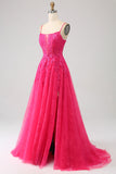 Fuchsia A-Line Spaghetti Straps Corset Lace Long Ball Dress with Slit