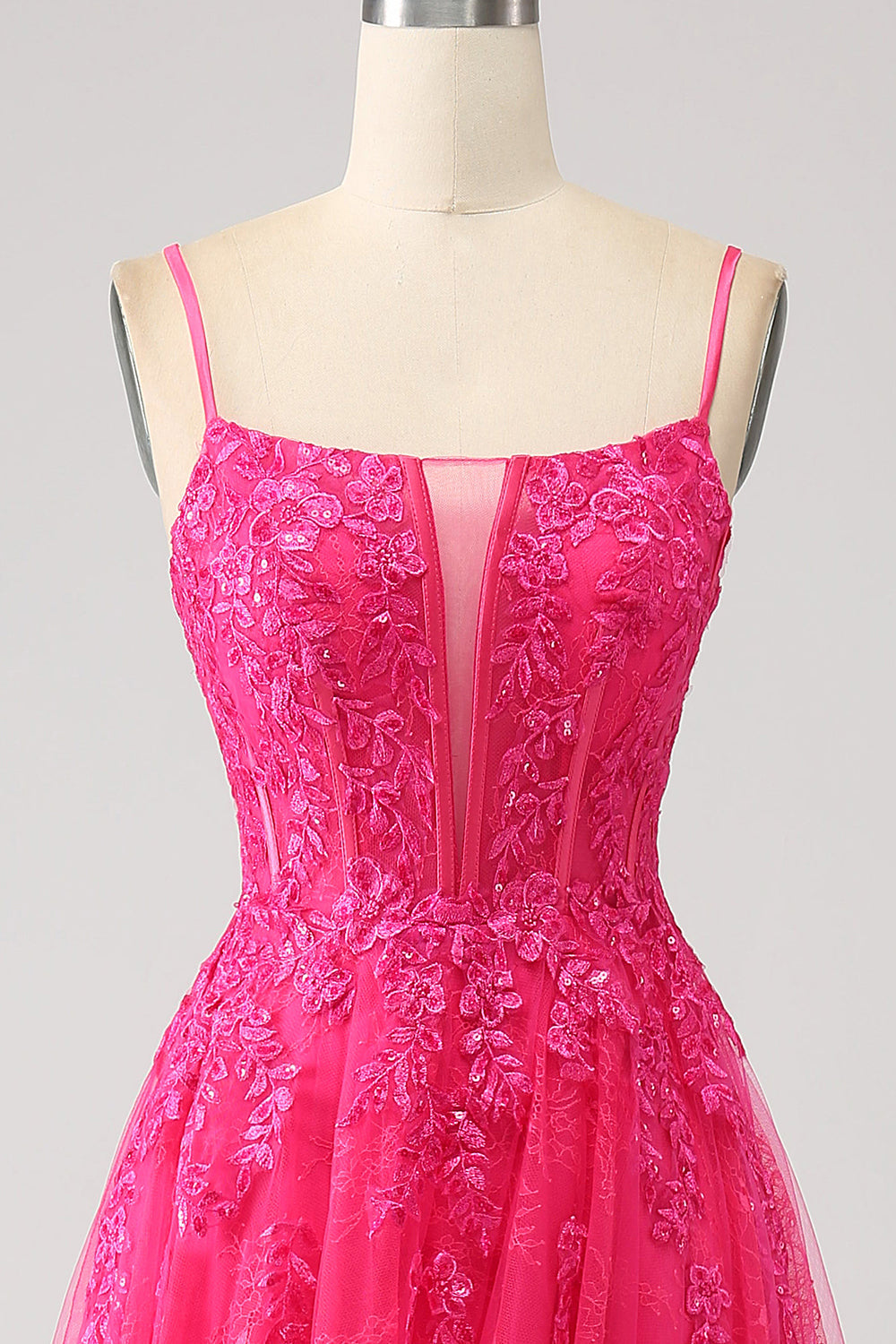 Fuchsia A-Line Spaghetti Straps Corset Lace Long Ball Dress with Slit