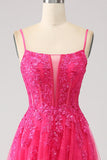 Fuchsia A-Line Spaghetti Straps Corset Lace Long Ball Dress with Slit