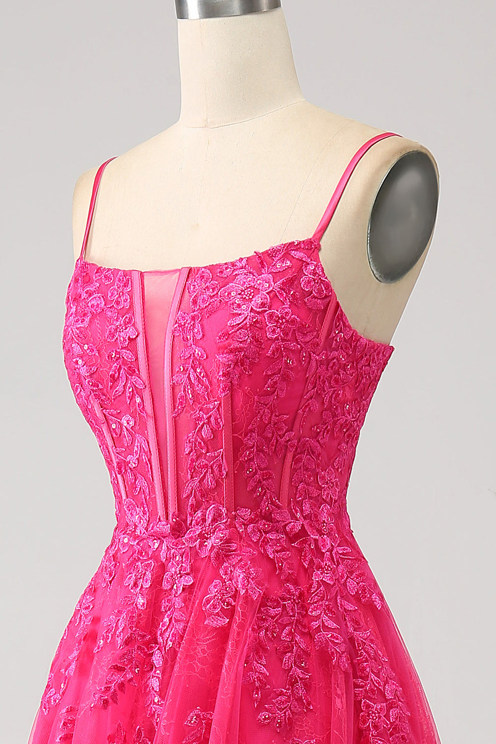 Fuchsia A-Line Spaghetti Straps Corset Lace Long Ball Dress with Slit