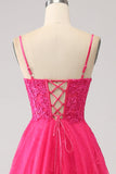 Fuchsia A-Line Spaghetti Straps Corset Lace Long Ball Dress with Slit