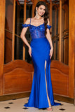 Trendy Mermaid Off the Shoulder Royal Blue Corset Ball Dress with Appliques