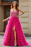 Gorgeous A Line Spaghetti Straps Fuchsia Long Ball Dress with Appliques Ruffles