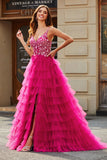 Gorgeous A Line Spaghetti Straps Fuchsia Long Ball Dress with Appliques Ruffles