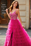 Gorgeous A Line Spaghetti Straps Fuchsia Long Ball Dress with Appliques Ruffles