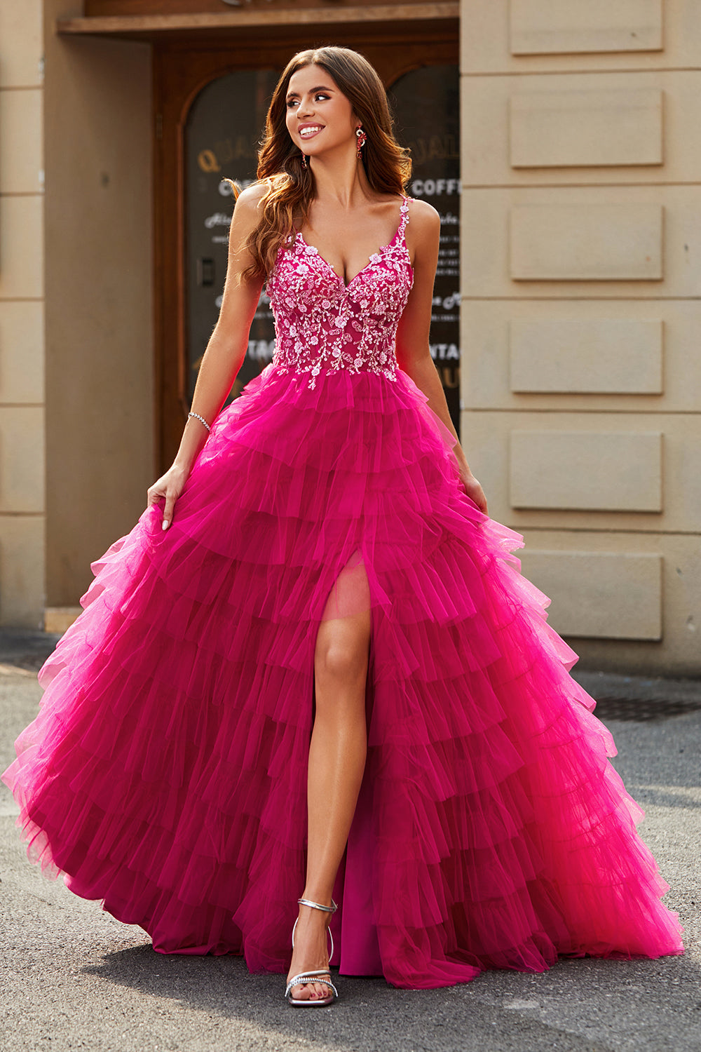 Gorgeous A Line Spaghetti Straps Fuchsia Long Ball Dress with Appliques Ruffles