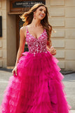 Gorgeous A Line Spaghetti Straps Fuchsia Long Ball Dress with Appliques Ruffles