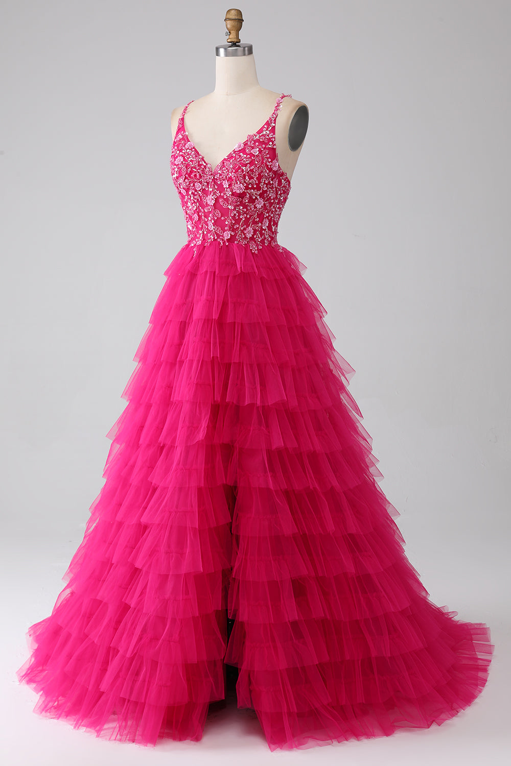 Fuchsia Princess A-Line Spaghetti Straps Sequin Tiered Long Ball Dress with Slit