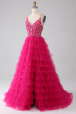 Fuchsia Princess A-Line Spaghetti Straps Sequin Tiered Long Ball Dress with Slit