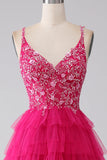 Fuchsia Princess A-Line Spaghetti Straps Sequin Tiered Long Ball Dress with Slit