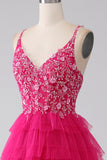 Fuchsia Princess A-Line Spaghetti Straps Sequin Tiered Long Ball Dress with Slit