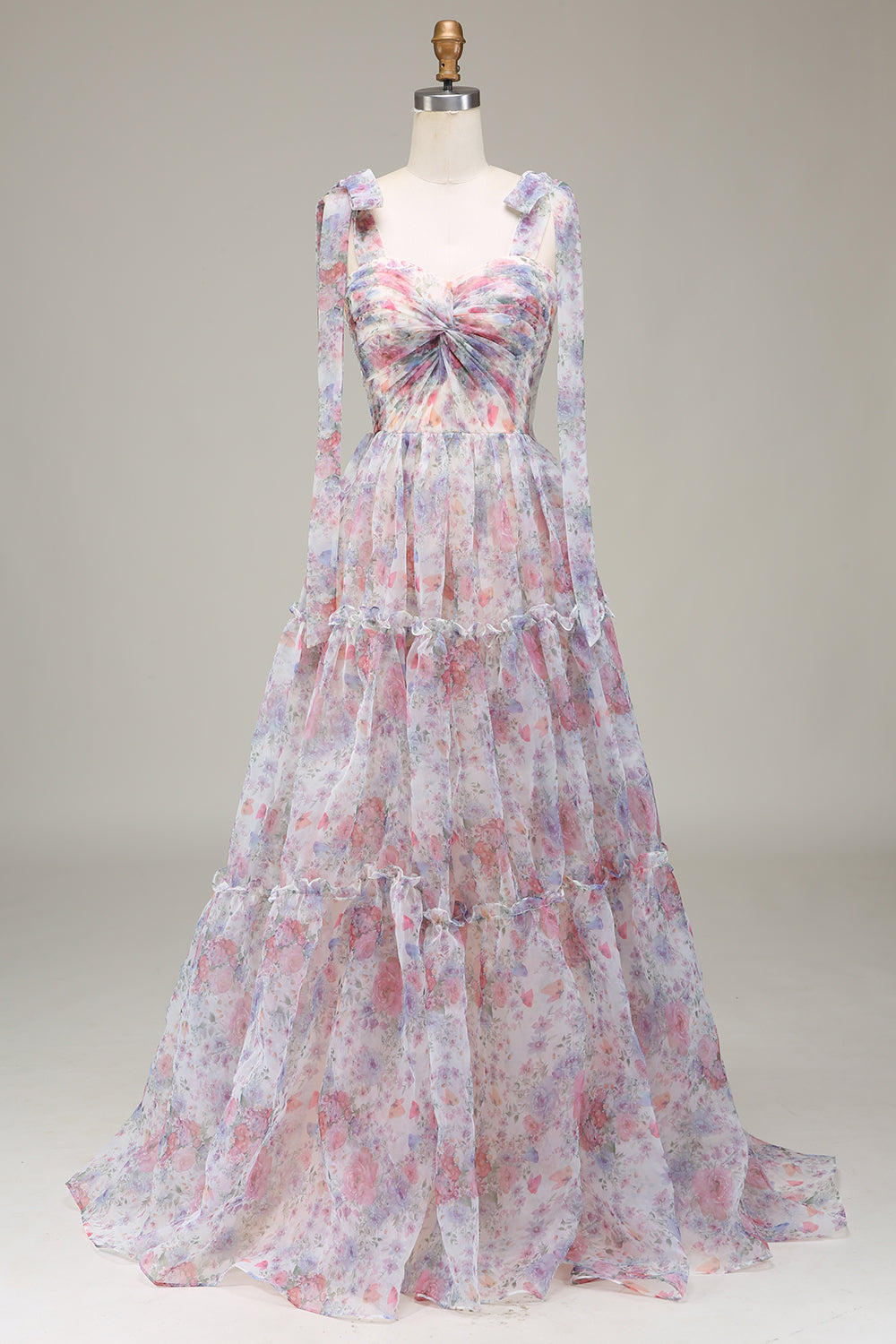 A-Line Spaghetti Straps Flower Printed Long Ball Dress