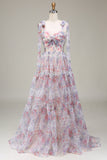 A-Line Spaghetti Straps Flower Printed Long Ball Dress
