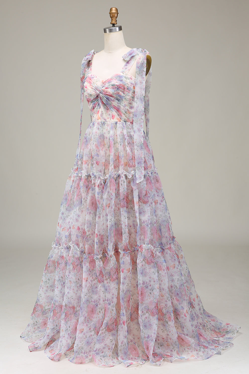 A-Line Spaghetti Straps Flower Printed Long Ball Dress