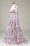 A-Line Spaghetti Straps Flower Printed Long Ball Dress