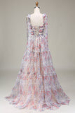 A-Line Spaghetti Straps Flower Printed Long Ball Dress