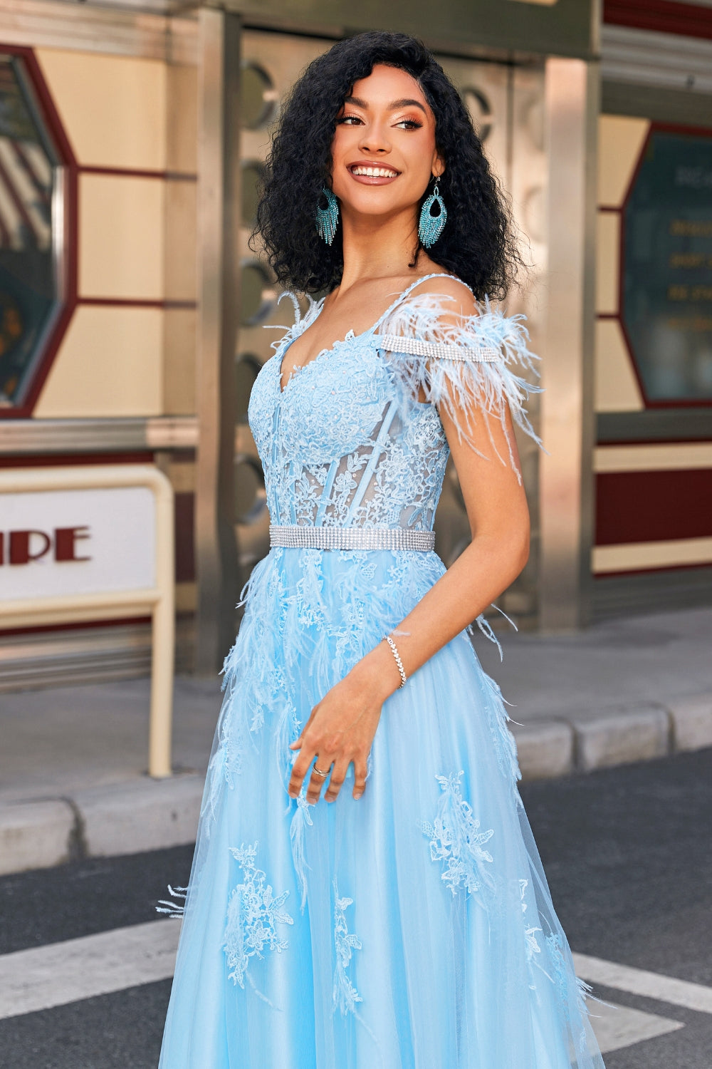 Gorgeous A Line Off the Shoulder Light Blue Corset Ball Dress with Feather