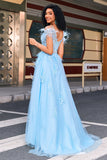 Gorgeous A Line Off the Shoulder Light Blue Corset Ball Dress with Feather