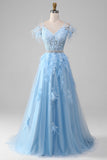 Light Blue A-Line Rhinestones Accents Corset Ball Prom Dress With Appliques