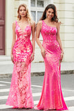 Stunning Fuchsia Mermaid One Shoulder Sequins Long Ball Dress with Slit