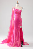 Sparkly Fuchsia Mermaid One Shoulder Appliques Ball Dress With Slit