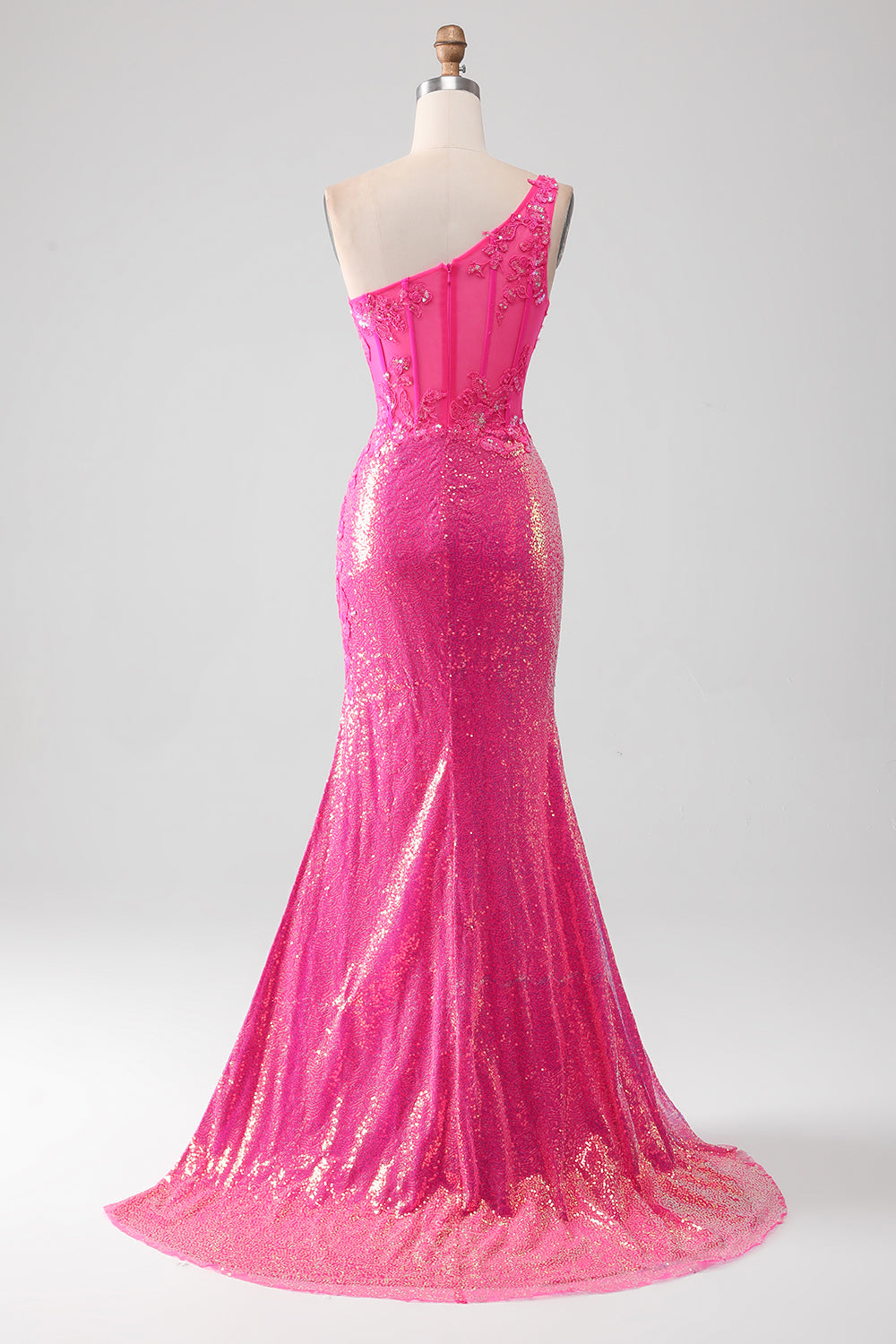 Sparkly Fuchsia Mermaid One Shoulder Appliques Ball Dress With Slit