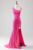 Sparkly Fuchsia Mermaid One Shoulder Appliques Ball Dress With Slit