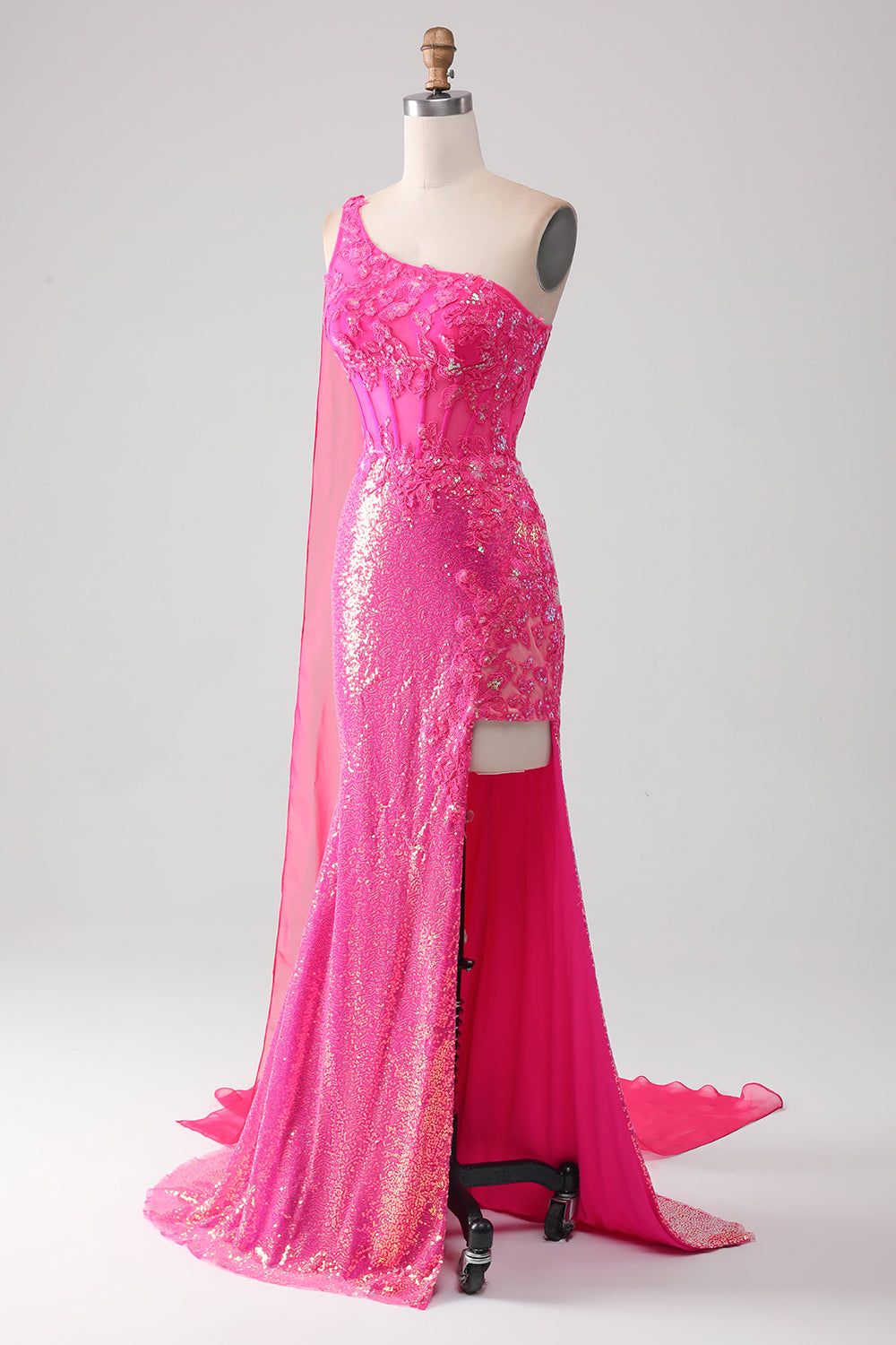 Sparkly Fuchsia Mermaid One Shoulder Appliques Ball Dress With Slit