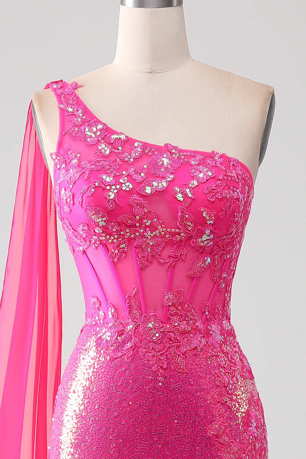 Sparkly Fuchsia Mermaid One Shoulder Appliques Ball Dress With Slit