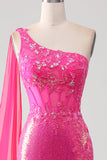 Sparkly Fuchsia Mermaid One Shoulder Appliques Ball Dress With Slit