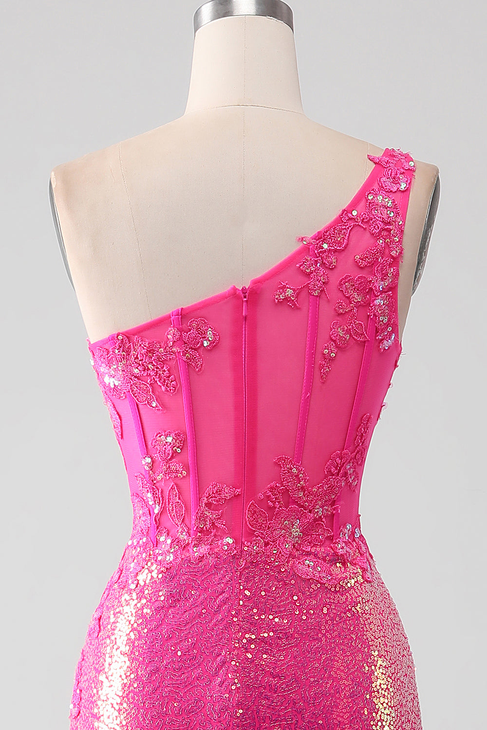 Sparkly Fuchsia Mermaid One Shoulder Appliques Ball Dress With Slit