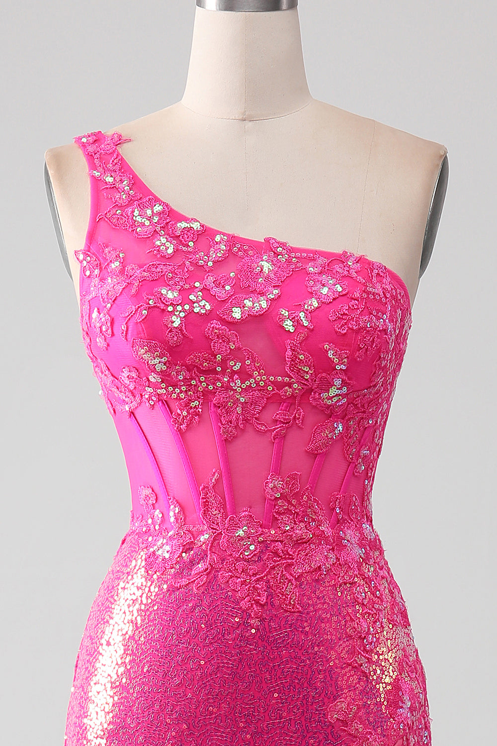 Sparkly Fuchsia Mermaid One Shoulder Appliques Ball Dress With Slit