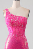Sparkly Fuchsia Mermaid One Shoulder Appliques Ball Dress With Slit
