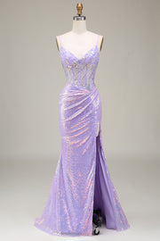 Sparkly Mermaid Light Purple Corset Ball Dress with Slit