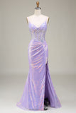 Sparkly Mermaid Light Purple Corset Ball Dress with Slit
