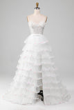 White A-Line Sparkly Sequin Ruffle Skirt Corset Ball Dress With Slit