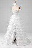 White A-Line Sparkly Sequin Ruffle Skirt Corset Ball Dress With Slit