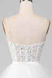 White A-Line Sparkly Sequin Ruffle Skirt Corset Ball Dress With Slit
