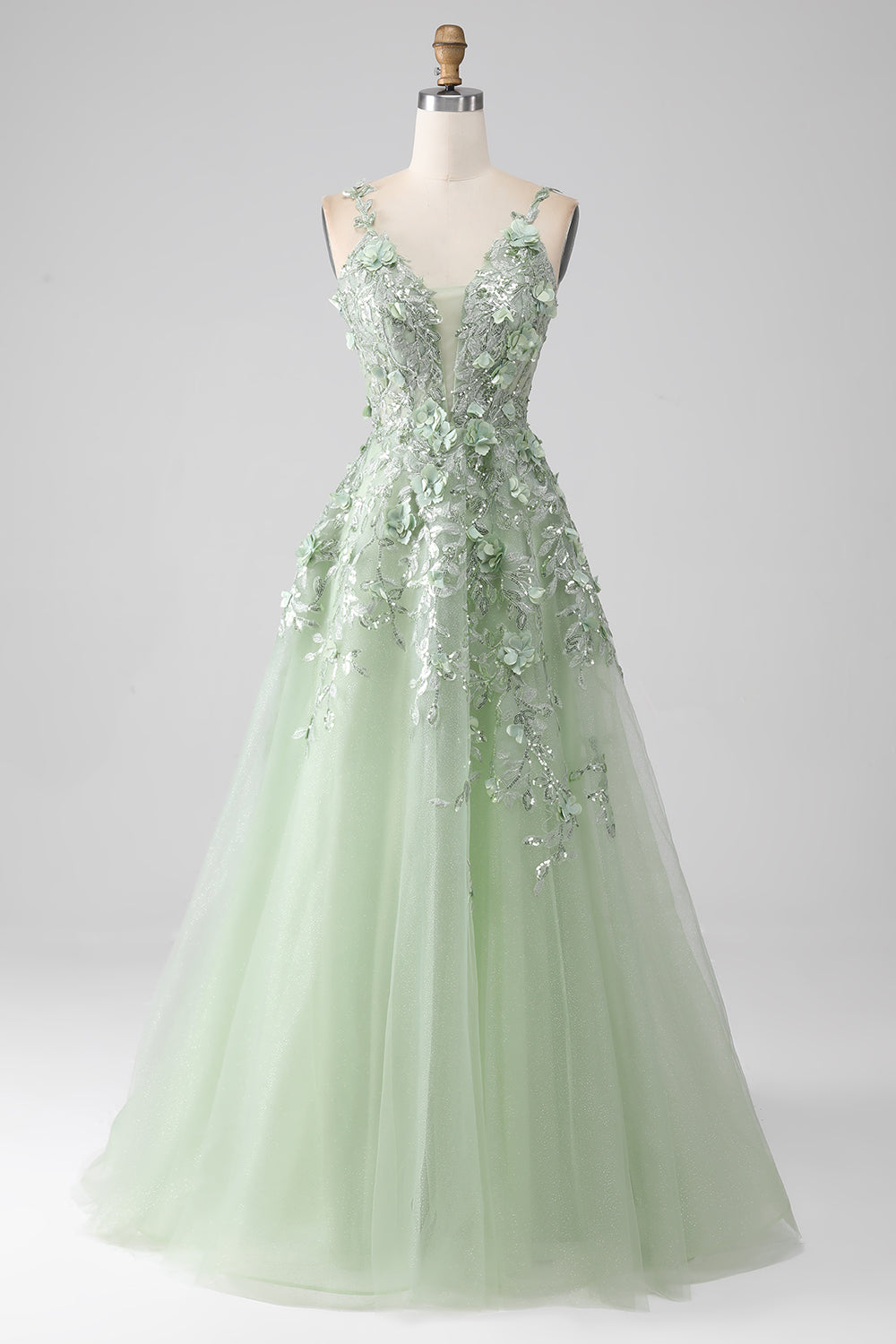 Sage A-Line Detachable Sleeves Long Corset Ball Dress with Flowers