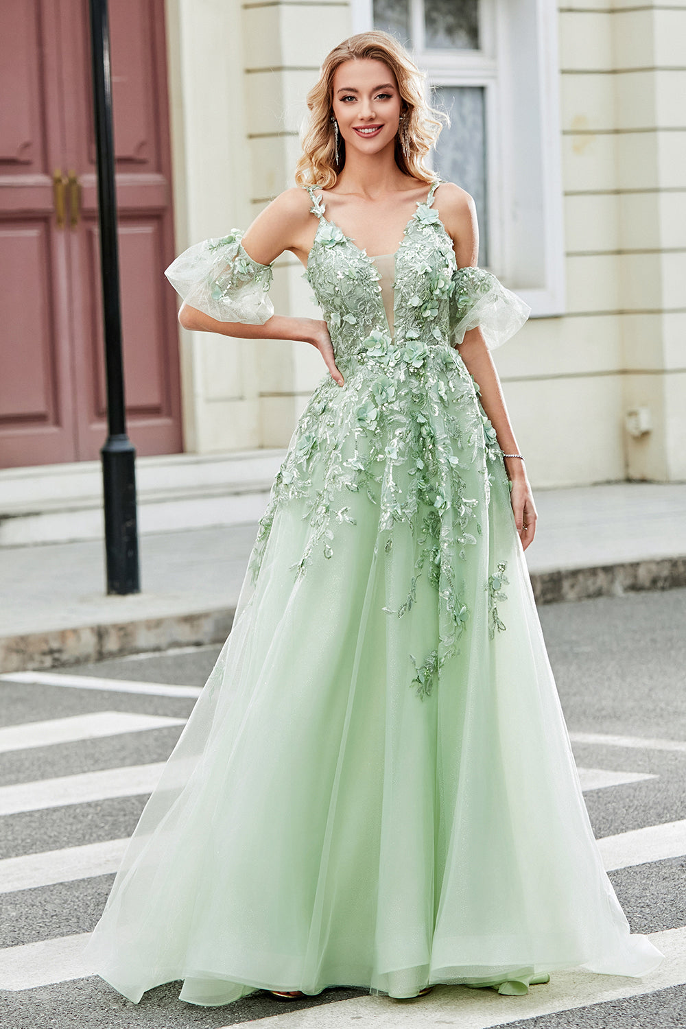 Green A-Line Spaghetti Straps Removable Sleeves Tulle Ball Dress with Appliques