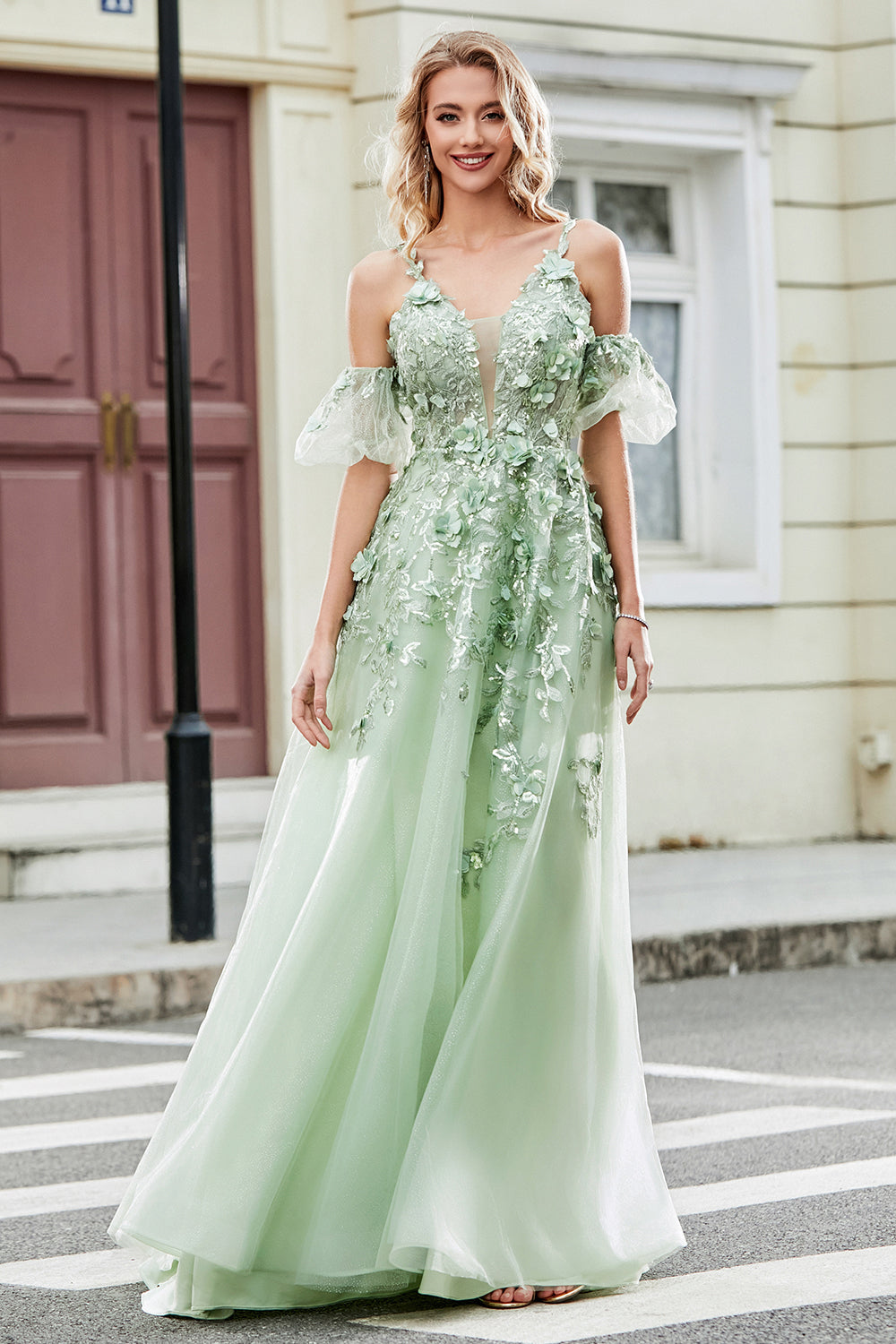 Green A-Line Spaghetti Straps Removable Sleeves Tulle Ball Dress with Appliques