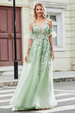 Green A-Line Spaghetti Straps Removable Sleeves Tulle Ball Dress with Appliques