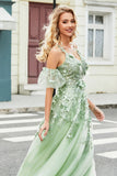 Green A-Line Spaghetti Straps Removable Sleeves Tulle Ball Dress with Appliques
