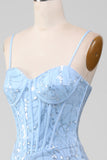 Light Blue Mermaid Sparkly Sequin Long Corset Ball Dress