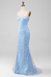Light Blue Mermaid Sparkly Sequin Long Corset Ball Dress