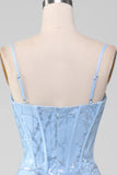 Light Blue Mermaid Sparkly Sequin Long Corset Ball Dress