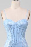 Light Blue Mermaid Sparkly Sequin Long Corset Ball Dress