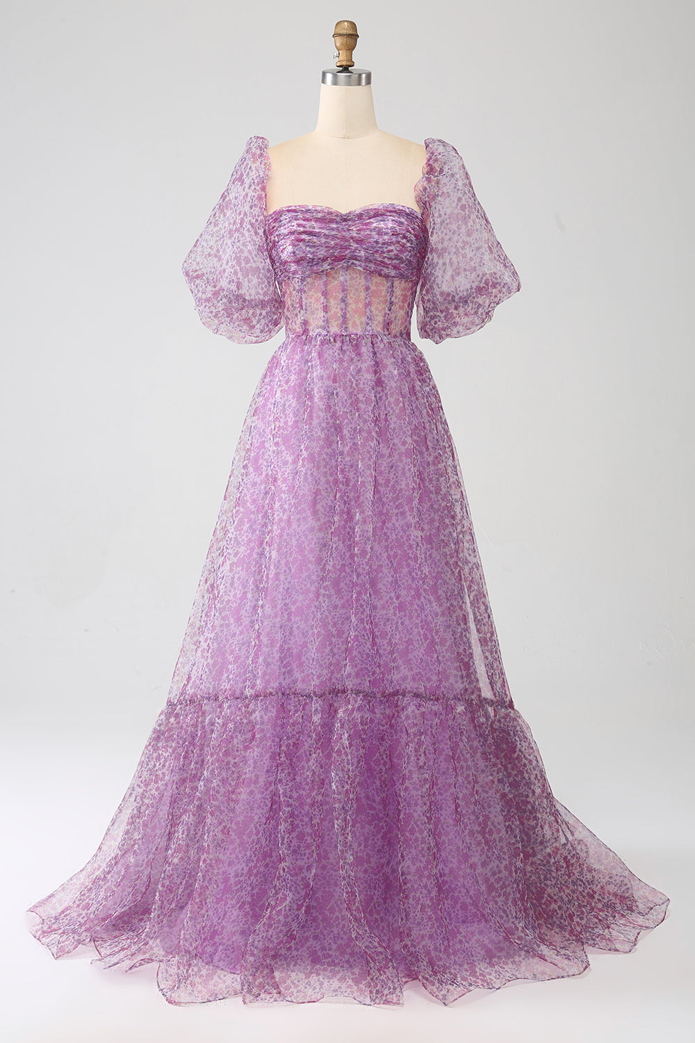 A-Line Square Neck Purple Corset Ball Dress with Half Sleeves