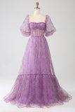 A-Line Square Neck Purple Corset Ball Dress with Half Sleeves